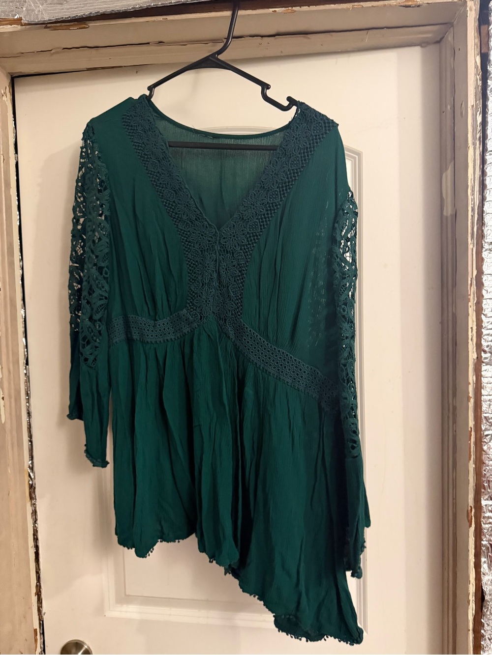Women's Emerald Green Crochet-Trim Boho Top